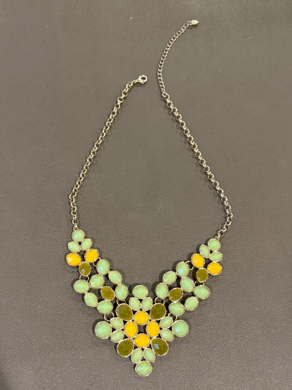 Mint Green Olive Mustard Yellow Statement Bib Necklace Gold Tone Faceted